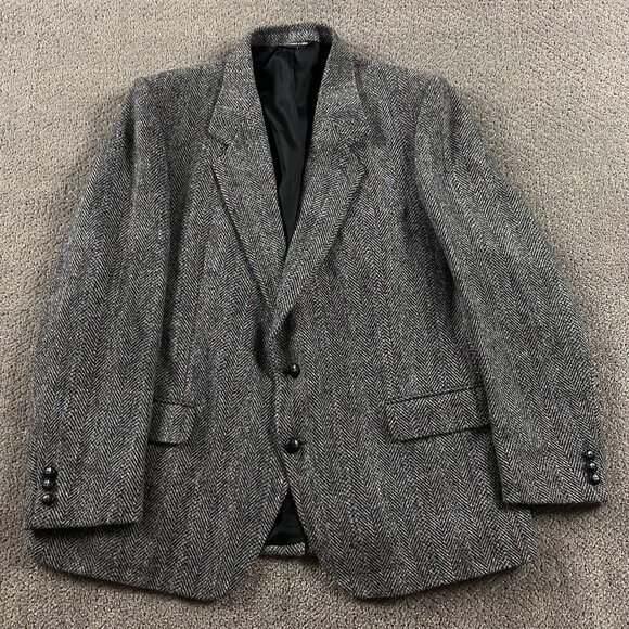 Vintage Harris Tweed Wool Tweed Herringbone Blazer Sport Coat Mens 46 SHORT Gray - Picture 2 of 16
